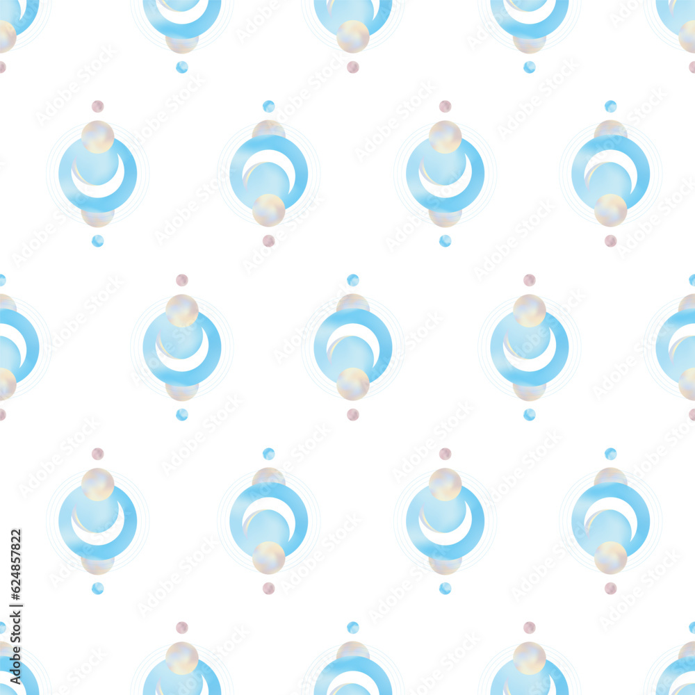 Repeating, seamless mystical pastel pattern on white background. Crescent moon and pastel blue and pink planets. Vector Artwork.
