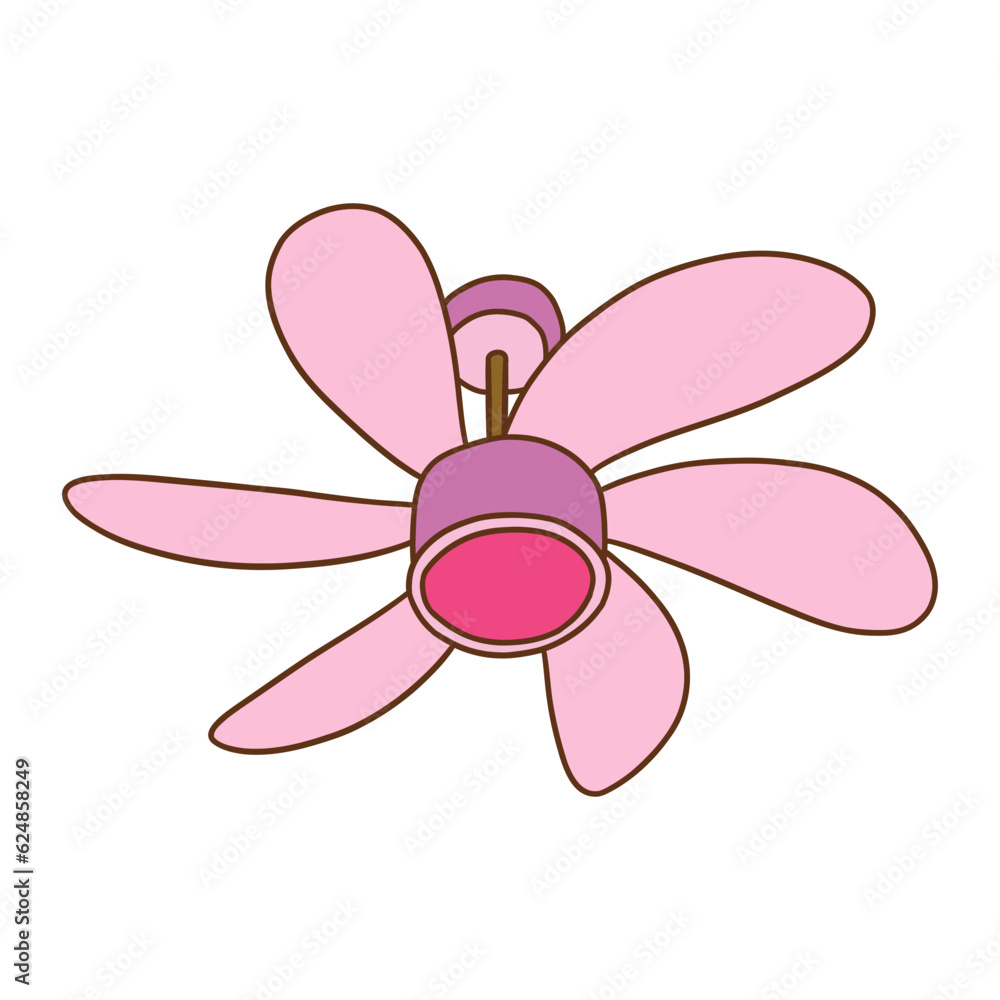 Ceiling fan pink color. Cooling air conditioning unit in hot weather. Colorful vector isolated illustration hand drawn with outline