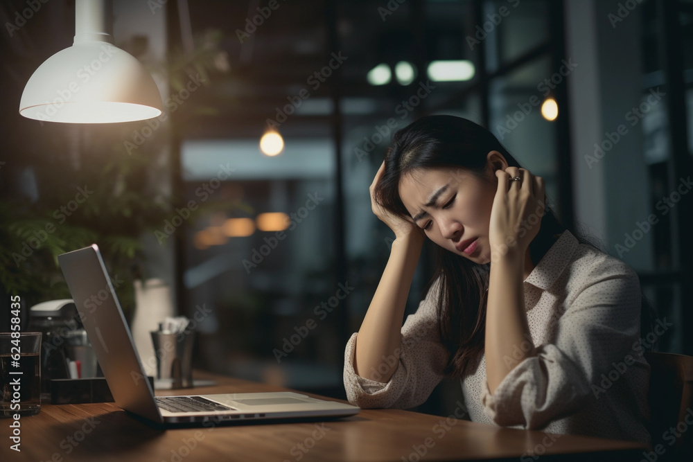 Asian lady with big migraine and headache in the office in front of her laptop Asian lady with big migraine and headache in the office in front of her laptop