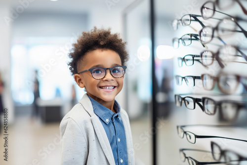 A young boy trying new glasses in an optician
