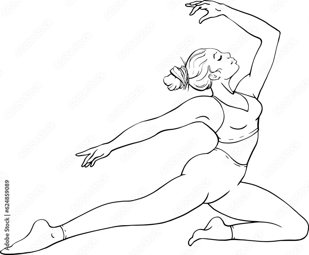 Young woman is doing yoga. Linear drawing of a girl in a yoga pose. For the design of websites, schools and yoga clubs, printing on clothes, dishes, bags, business cards, posters and advertising