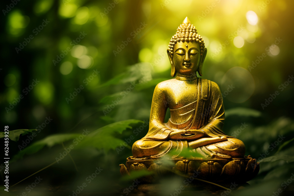 Golden buddha figurine with tropical green forest in bokeh in the background. Generative AI