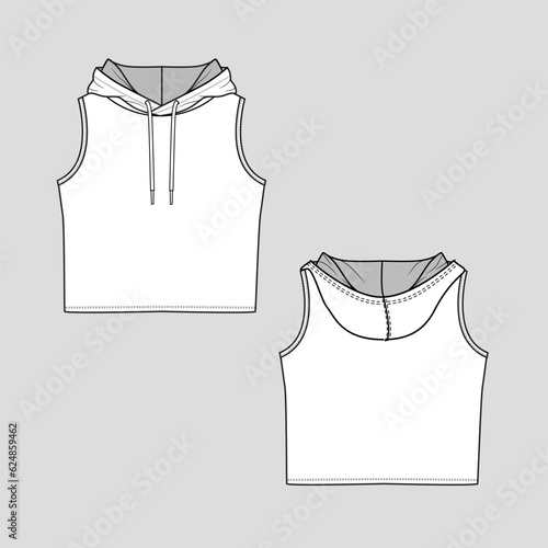 Women sleeveless hooded Crop tank top fashion flat sketch technical drawing design vector
