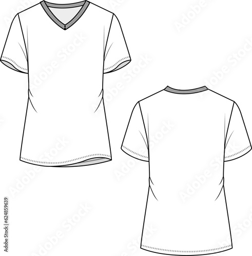 Women Slim fit  V  neck t-shirt top short sleeve technical  flat sketch drawing vector design-01