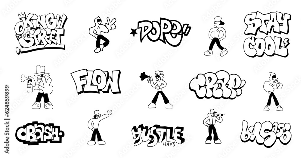 street style graffiti doodles hand drawn characters and lettering , hip hop culture symbols vector background for kids