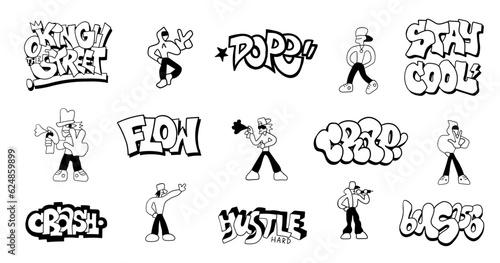 street style graffiti doodles hand drawn characters and lettering   hip hop culture symbols vector background for kids
