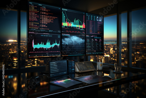 Business stock market, trading, info graphic shown on monitor display screen, office light crystal background. AI Generative