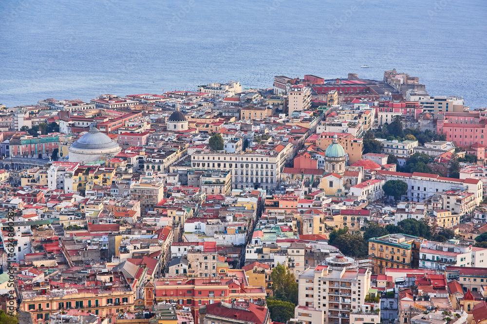 Obraz premium Naples, Italy evening panorama of city center coastal section with Plebiscito square and Palazzo Real