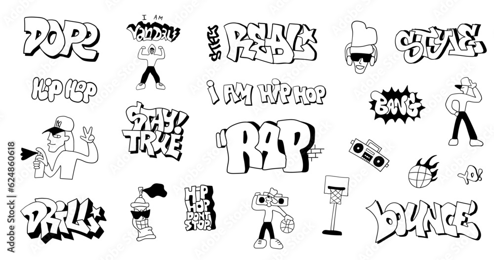 street style graffiti doodles hand drawn characters and lettering , hip hop culture symbols vector background for kids street style graffiti doodles hand drawn characters and lettering , hip hop culture symbols vector background for kids