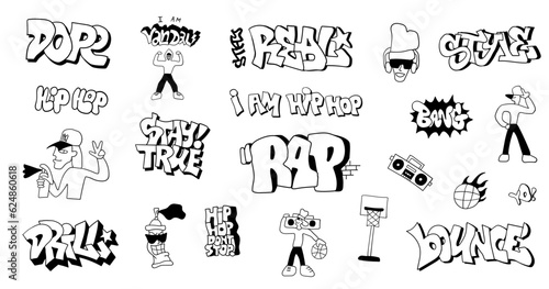 street style graffiti doodles hand drawn characters and lettering , hip hop culture symbols vector background for kids