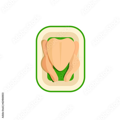 Vector illustration of Raw broiler chicken in a ceramic roasting bowl isolated on white background