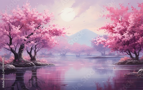 Cherry blossom in spring time over the lake with mountains background.