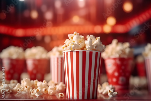 Red and white popcorn box filled with salty fluffy popcorn box in cinema, red chairs in a row bokeh blurred background. Generative AI.