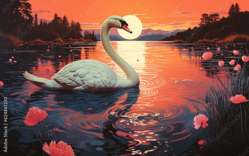 Swan swim at the lake with sunset.