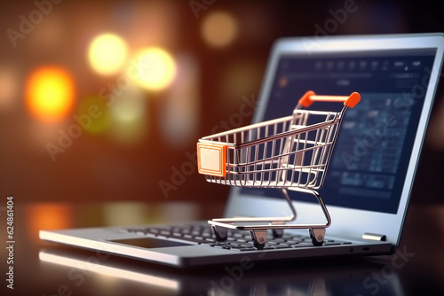 shopping cart e-commerce floating above laptop keyboard and laptop screen with a growing profit graph on the screen. Generative AI.