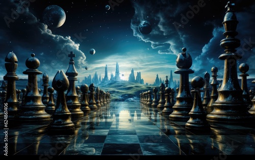 Beautiful chess pieces on a space background.