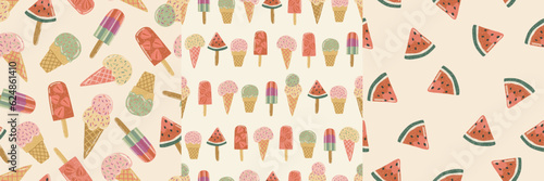 Set of three seamless patterns with ice cream and watermelons. Cute hand drawn illustrations with ice creams and watermelons.