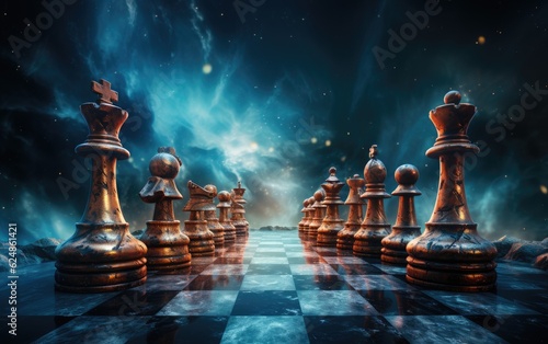 Fotobehang Beautiful chess pieces on a space background.