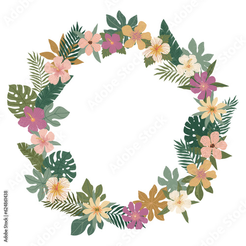 Vector cute hand drawn illustration with palm leaves, tropical fruits and wreath shaped flowers.