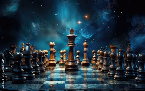 Foto Beautiful chess pieces on a space background.