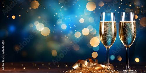 Champagne glasses with Happy new year celebration or Party golden bokeh lights background. Generative AI.