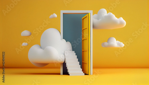 3d abstract yellow background with door, ladder and white clouds flying out. Dream metaphor, modern minimal concept, Door to the sky, Ai generated image 
