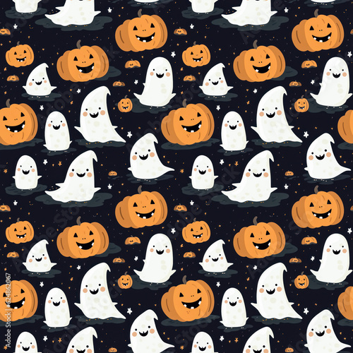 Halloween pumpkins and ghots seamless texture, tiling pattern, cute, kawaii