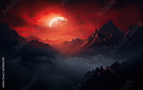 A full red molten moon over shambhala in the high winter mountains.