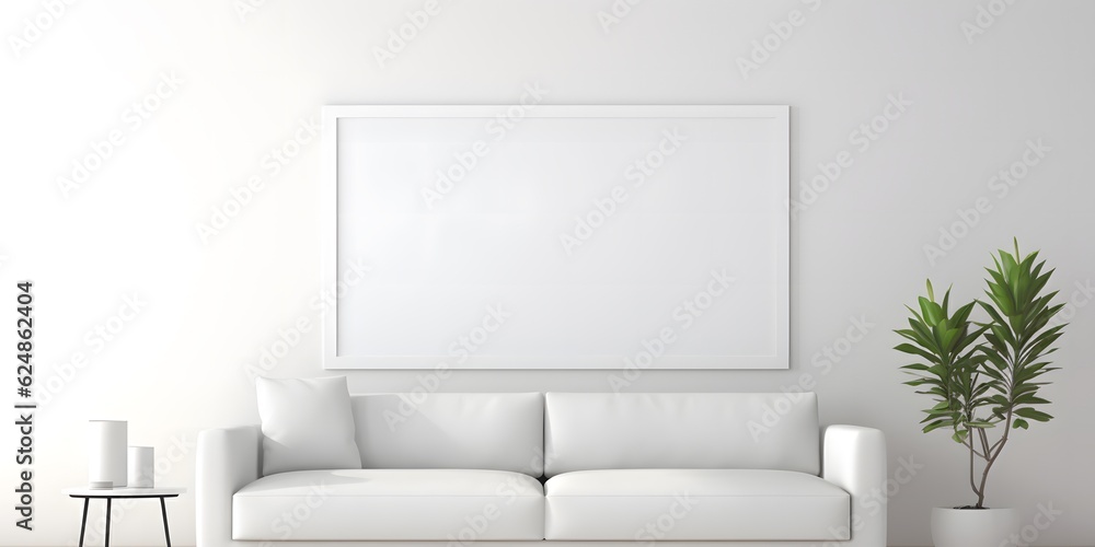 Blank horizontal poster frame mock up in minimal white style living room interior, modern living room interior background Blank horizontal poster frame mock up in minimal white style living room interior, modern living room interior background