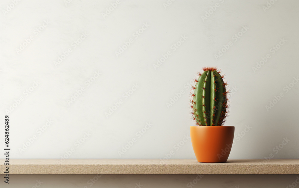 Cactus on a shelf by a blank wall background Cactus on a shelf by a blank wall background