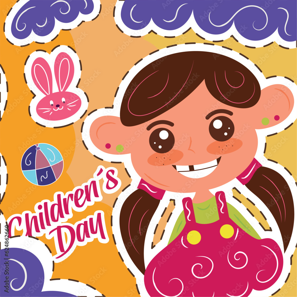 Naklejka premium Cute sketch of girl Happy Children day template Vector