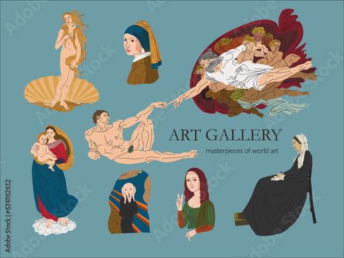Famous paintings in vector. Exhibition of classical painting. Gallery of works of art. masterpieces of world art. Creation of Adam. Reproductions of paintings. Birth of Venus. Sistine Madonna.