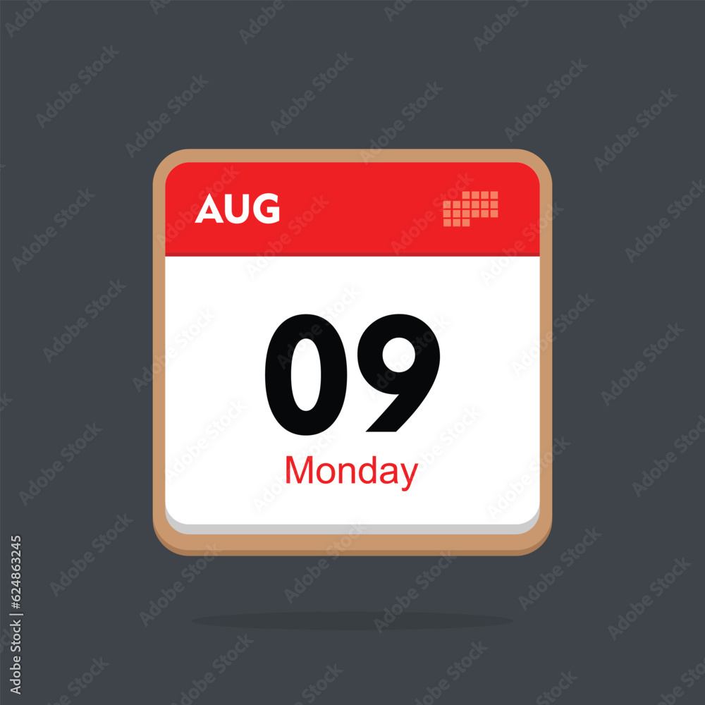 monday 09 august icon with black background, calender icon