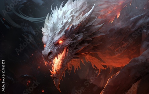 A huge fierce ancient albino dragon with red glowing eyes.