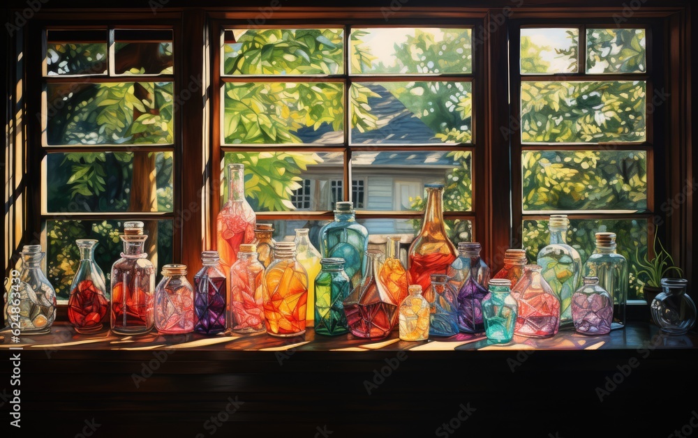 A colorful glass bottle is on the table near the window.