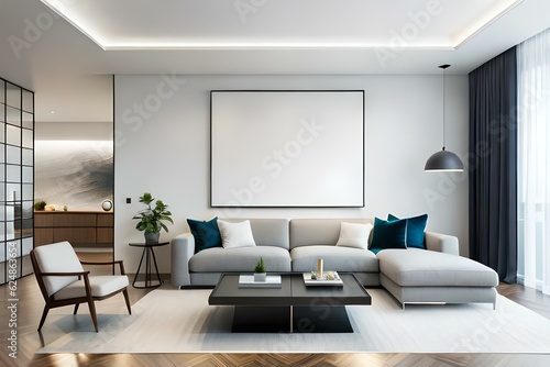 Blank horizontal big poster frame mock up in minimal white style living room interior, modern living room interior background © indofootage
