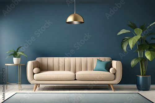 Modern living room interior with sofa lamp and green plants on blue wall background, minimal design. Modern living room. 3d rendering.