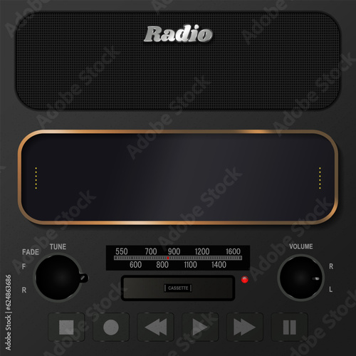 Front of view of a stereo digital radio with empty digital display screen and mesh speaker and radio controls. Multimedia buttons, cassette player slot.  Vector Template. EPS 10
