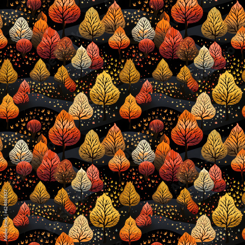 Fall forest seamless texture, tiling pattern, autumn foliage, trees, woods, nature