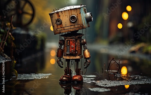 A cute robot stands in a rainy city with a water hole.