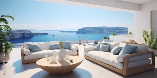Luxury apartment terrace Santorini Interior of modern living room sofa or couch with beautiful sea view © Jing