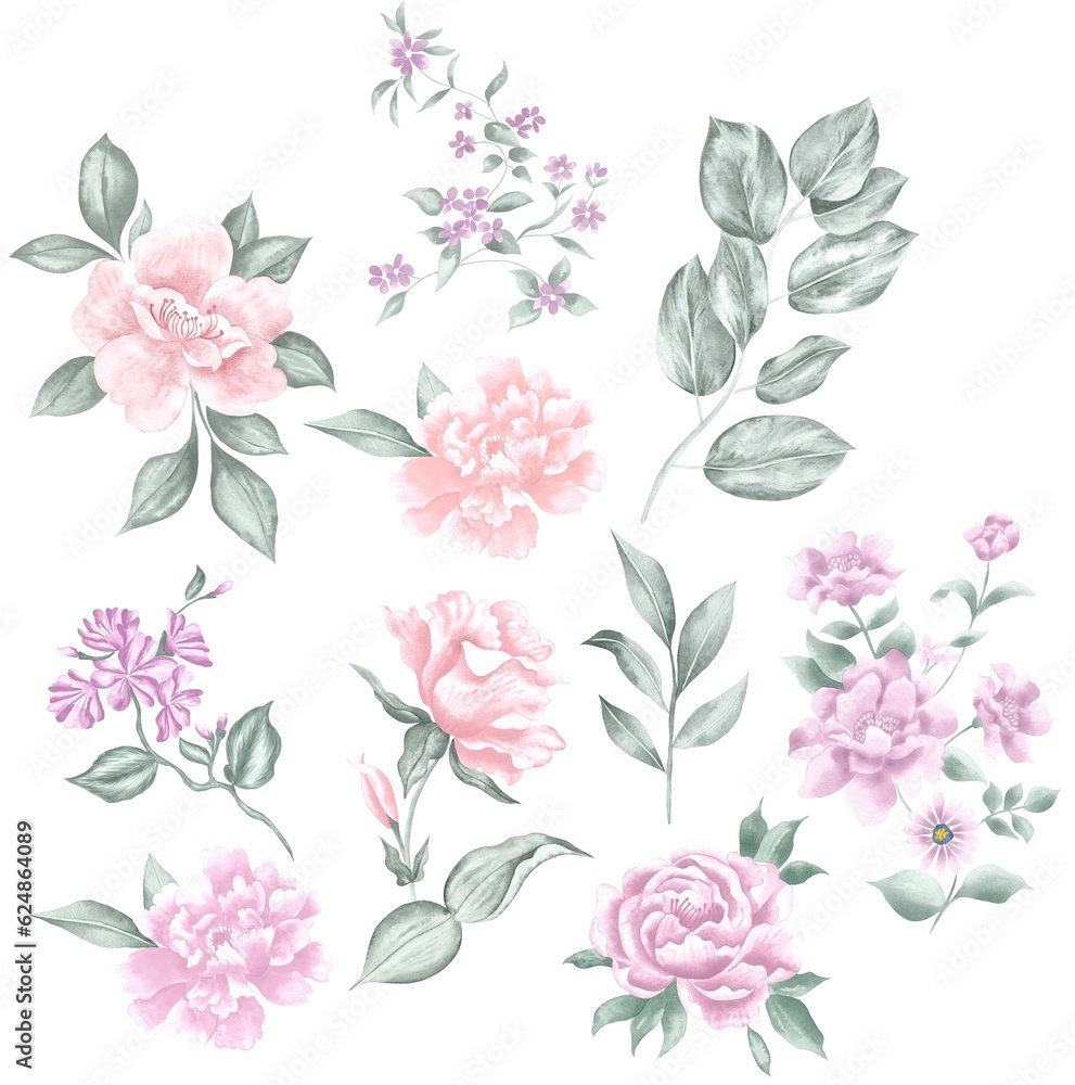 Watercolor Bouquet of flowers, isolated, white background, pink and purple roses and green leaves