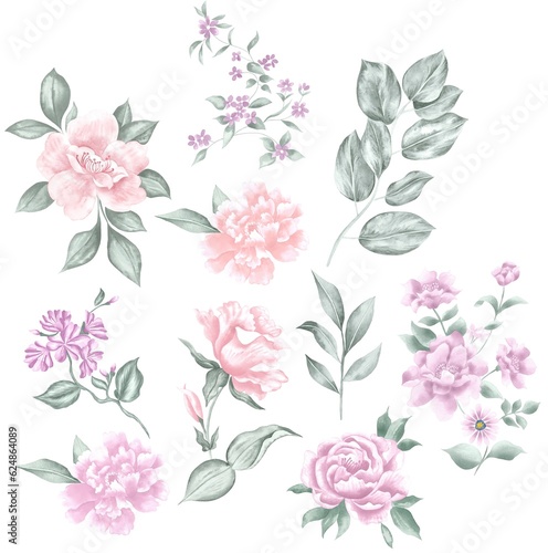 Watercolor Bouquet of flowers, isolated, white background, pink and purple roses and green leaves