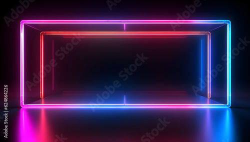 Square shape rectangle neon empty glowing lines frame with two tone neon color motion graphic and neon shining effects on dark background. Generative AI.