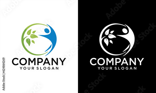 Circle logo with people and leaf design combination, green logo vector