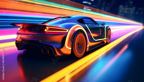 Fast Moving Sports Neon Car On Neon Style Highway. Most Powerful acceleration of a supercar with Colorful Lights Tails Background. Generative AI. © PrettyStock