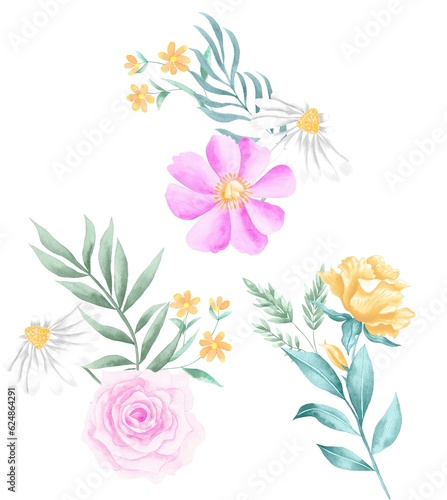 Watercolor Bouquet of flowers  isolated  white background  pink and yellow roses and green leaves