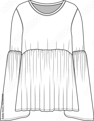 Women Fashion bell sleeve peplum top technical flat sketch drawing vector