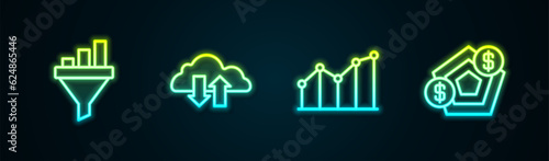 Set line Sales funnel with chart, Cloud download and upload, Pie infographic and Financial growth. Glowing neon icon. Vector