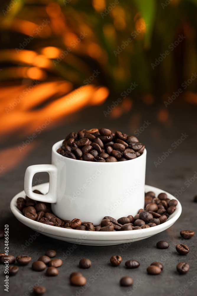 Fototapeta premium Coffee cup with coffee beans image, High quality photograph of coffee beans with copy space
